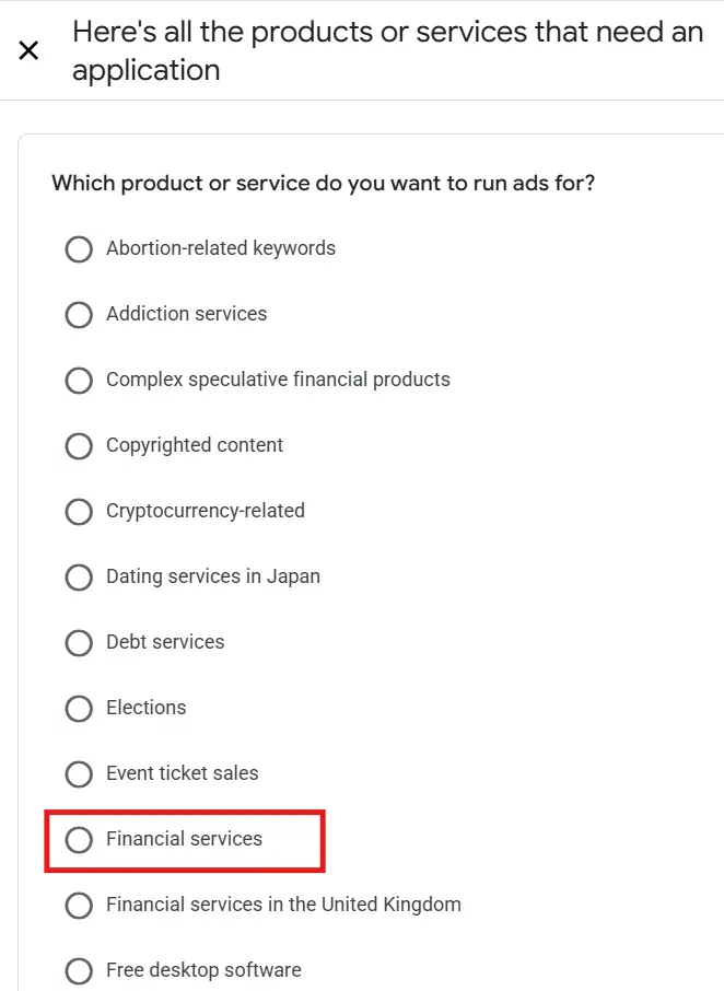 Financial services category list for google ads