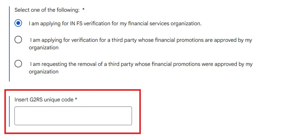 Financial services verification selection form with G2RS code field